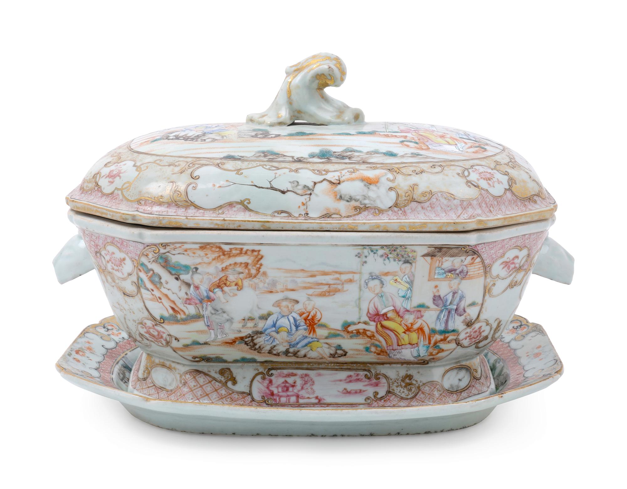 A Chinese Export Famille Rose Porcelain Covered Tureen and Underplate
