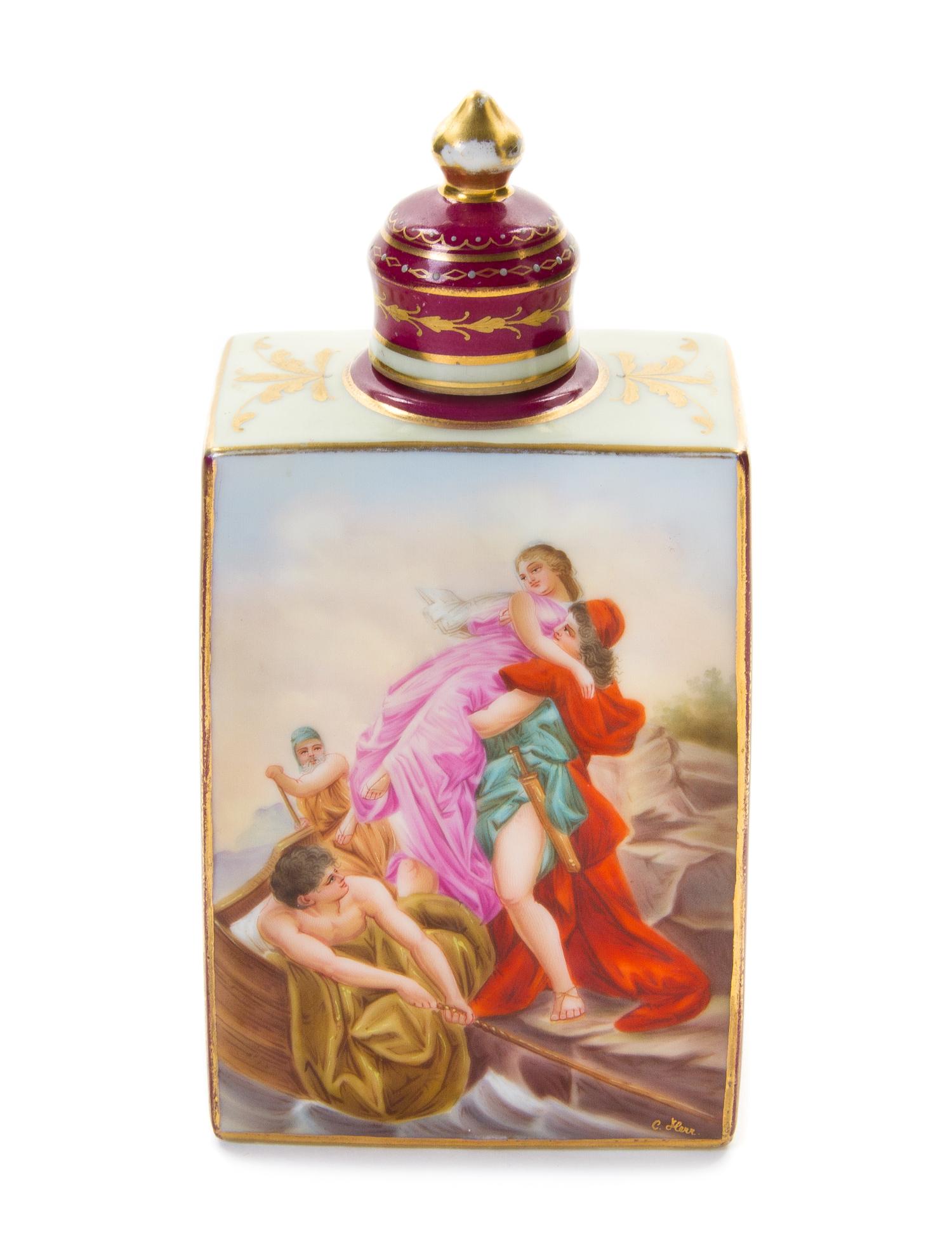 A Royal Vienna Porcelain Tea Caddy, 19TH CENTURY, Height 6 1/2 x width 3 1/2 x width 2 inches. — 19TH CENTURY,