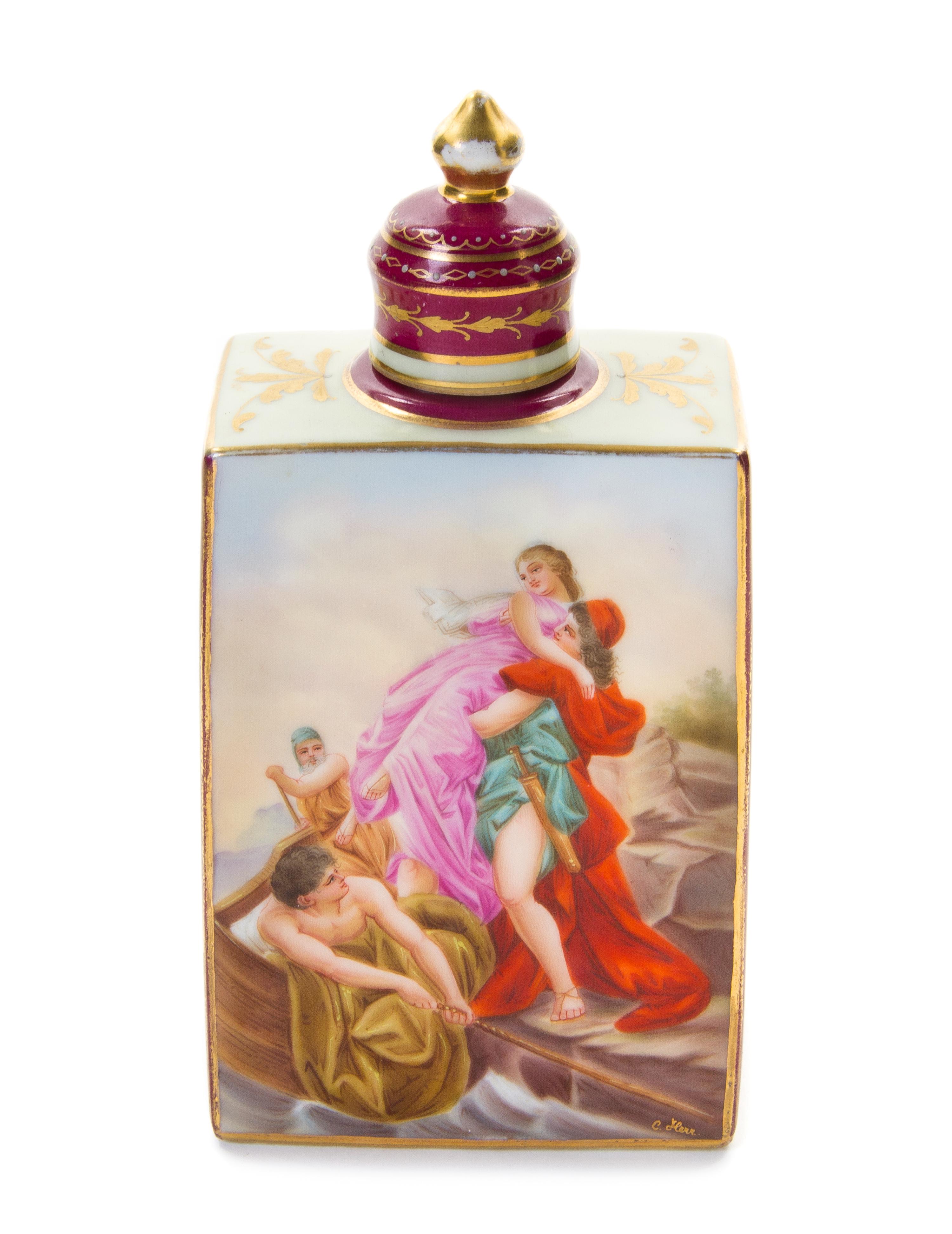 A Royal Vienna Porcelain Tea Caddy, 19TH CENTURY, Height 6 1/2 x width 3 1/2 x width 2 inches. — 19TH CENTURY,