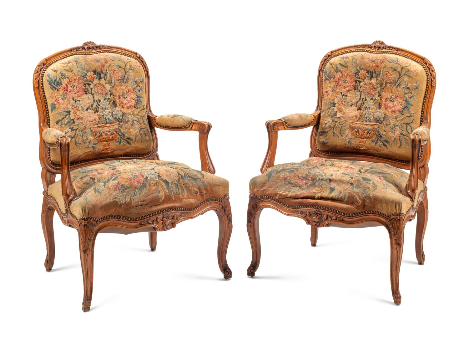 A Pair of Louis XV Style Beechwood Fauteuils