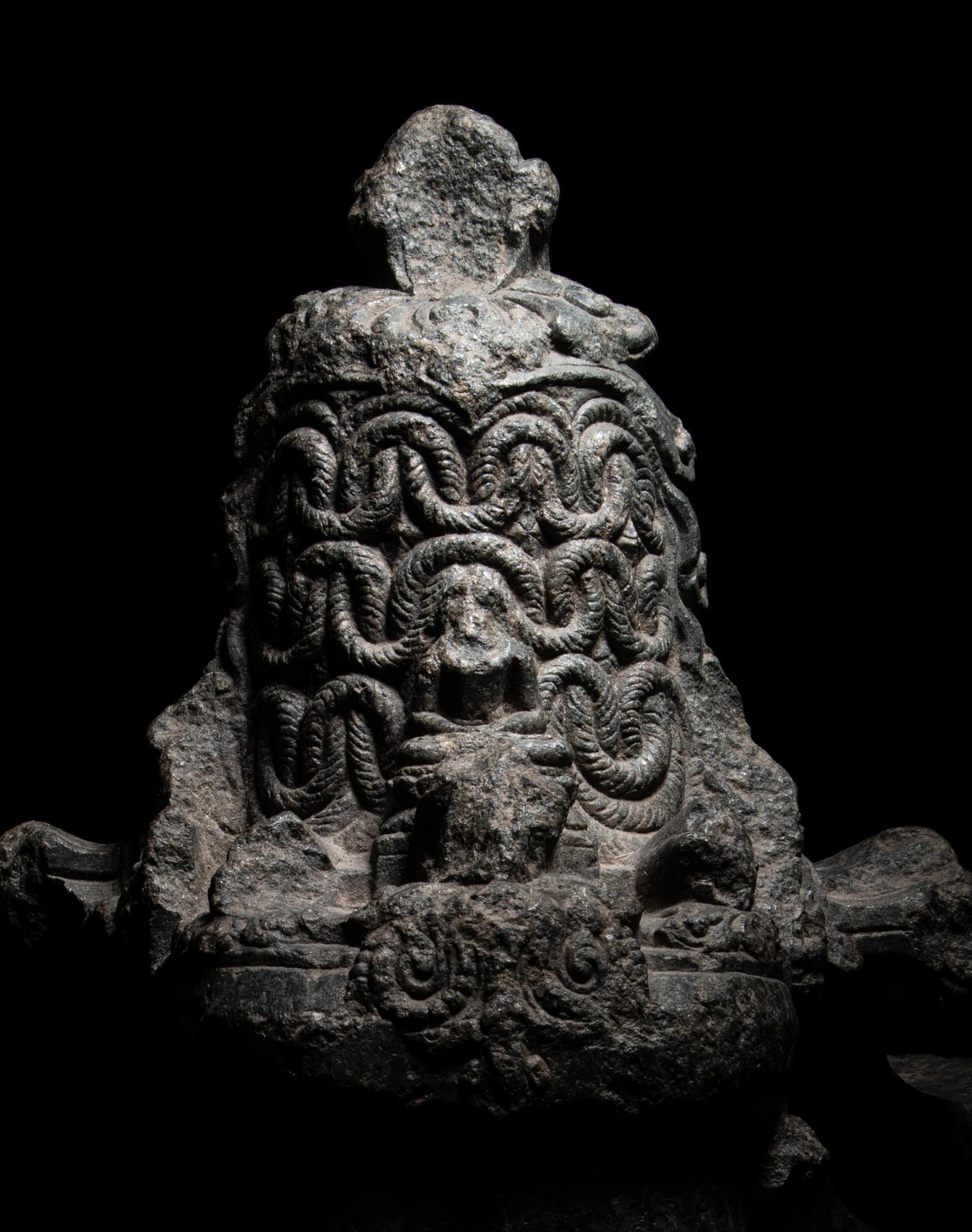 An Indian Carved Black Stone Head of a Vishnu