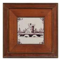 A Set of Five Framed Puce Delft Tiles