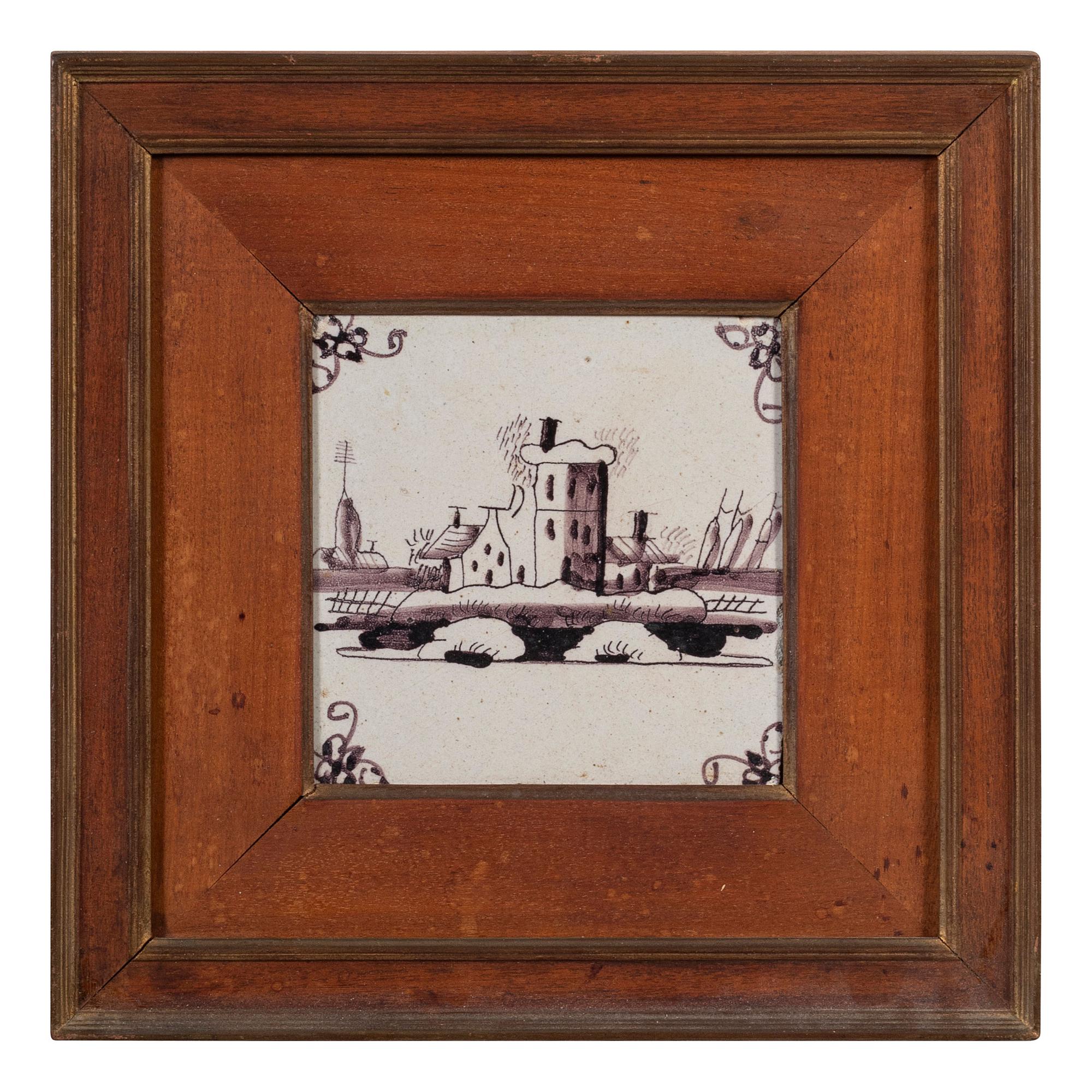 A Set of Five Framed Puce Delft Tiles
