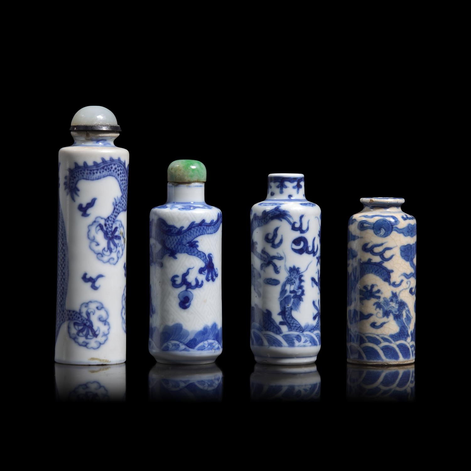 Four Chinese Blue and White Porcelain 'Dragon' Snuff Bottles, 19th Century