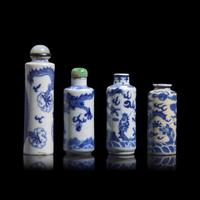 Four Chinese Blue and White Porcelain 'Dragon' Snuff Bottles, 19th Century