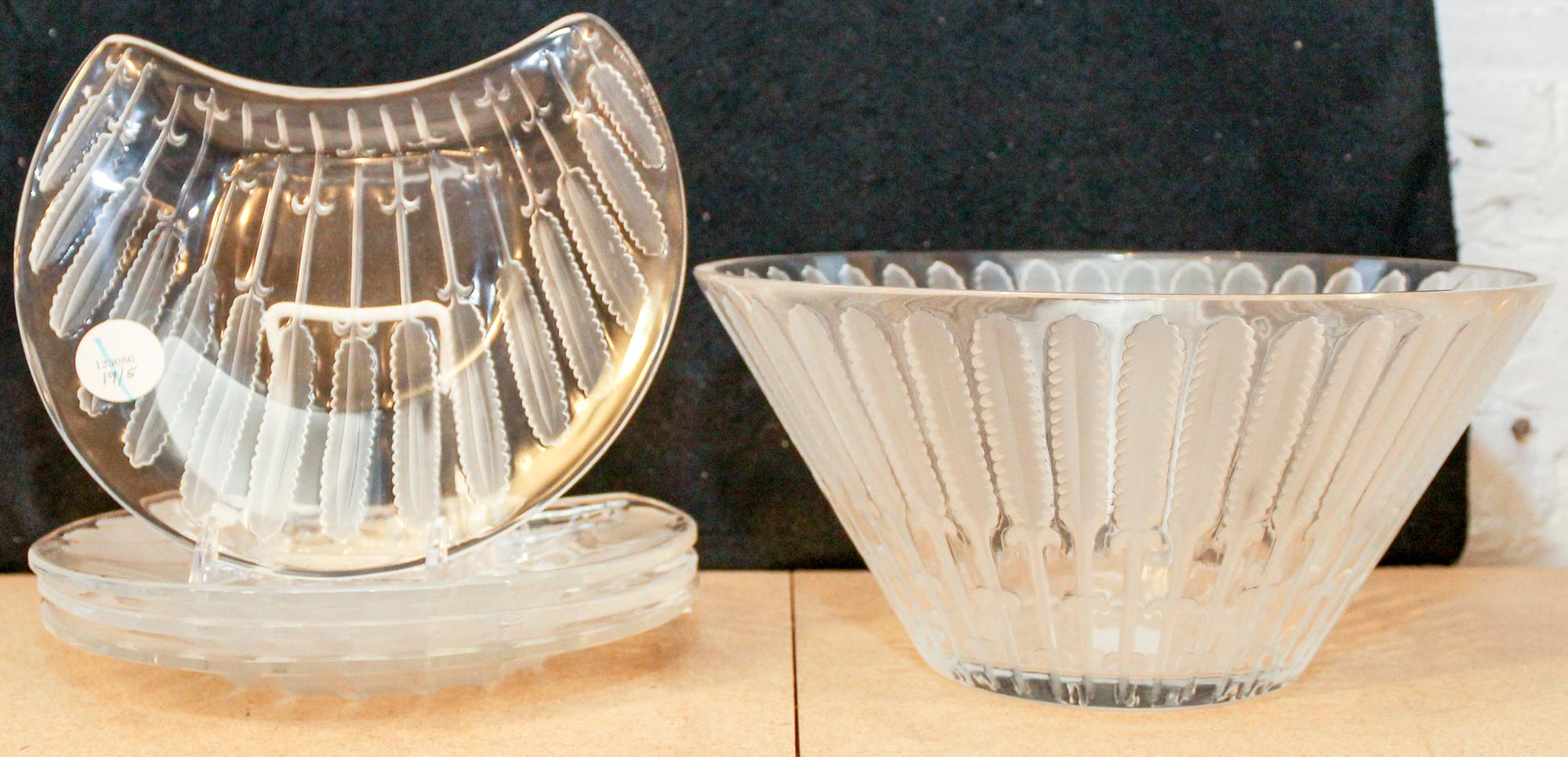 A Lalique Frosted Glass Table Service Diameter of bowl 10 1/8 inches.