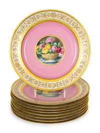 A Set of Eight Charles Ahrenfeldt Limoge Pink-Ground Porcelain Cabinet Plates