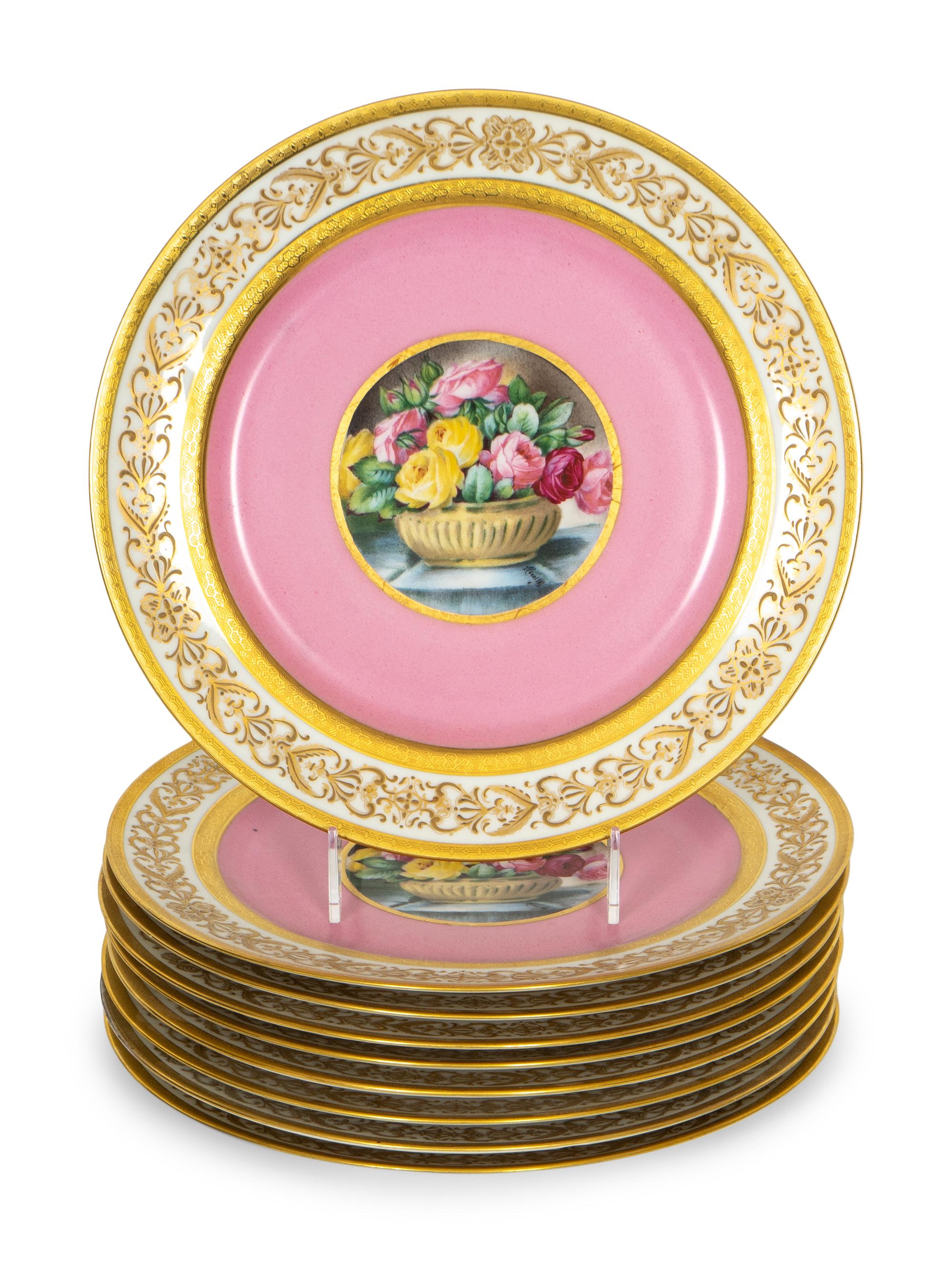 A Set of Eight Charles Ahrenfeldt Limoge Pink-Ground Porcelain Cabinet Plates