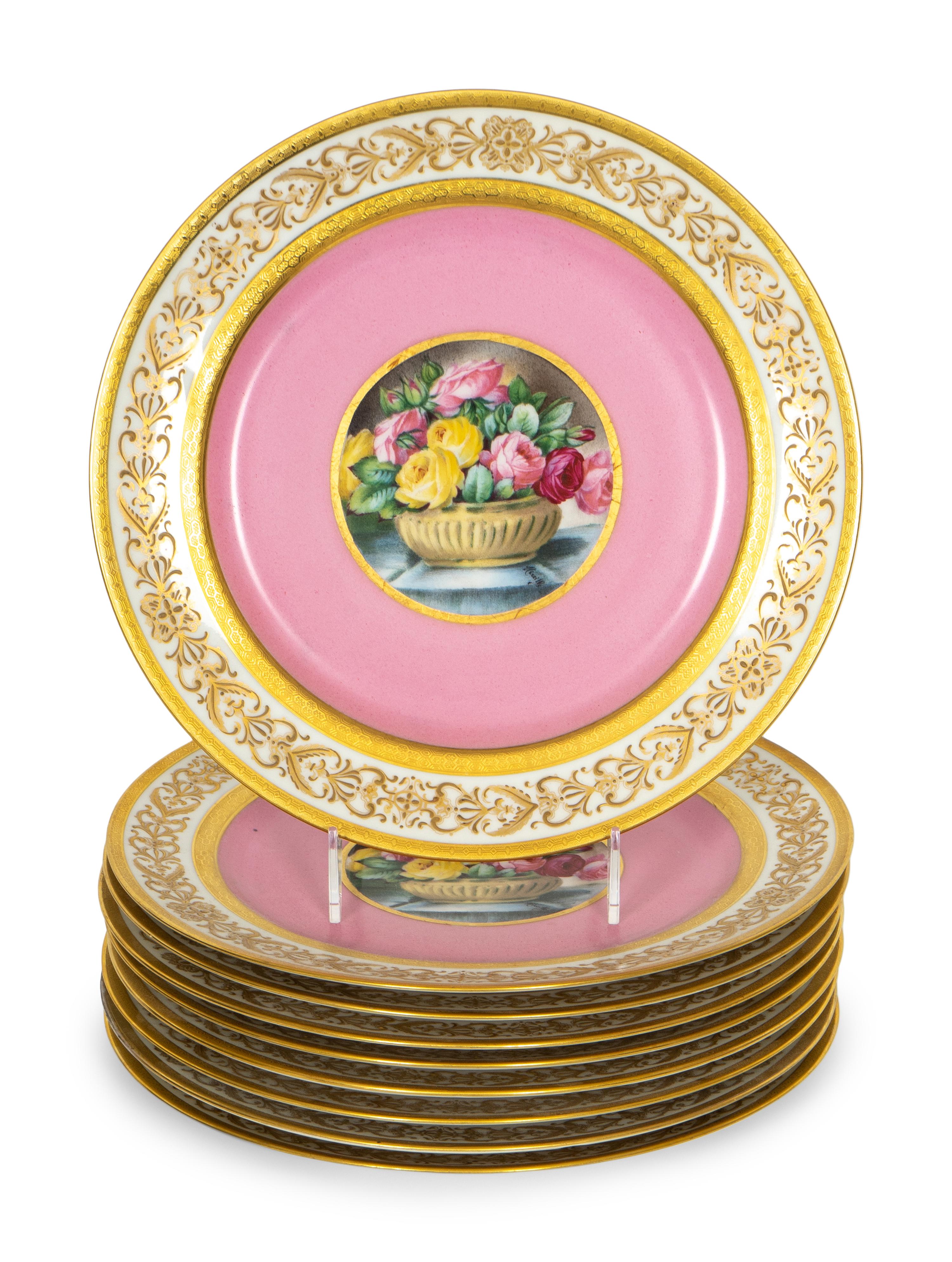 A Set of Eight Charles Ahrenfeldt Limoge Pink-Ground Porcelain Cabinet Plates