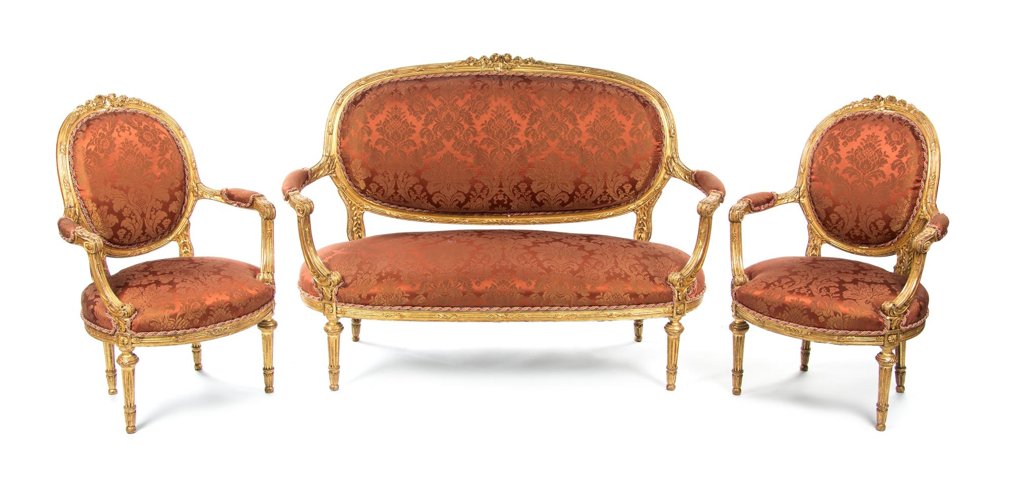 A Louis XVI Style Giltwood Parlor Suite, LATE 19TH CENTURY, Width of settee 58 inches. — LATE 19TH CENTURY,