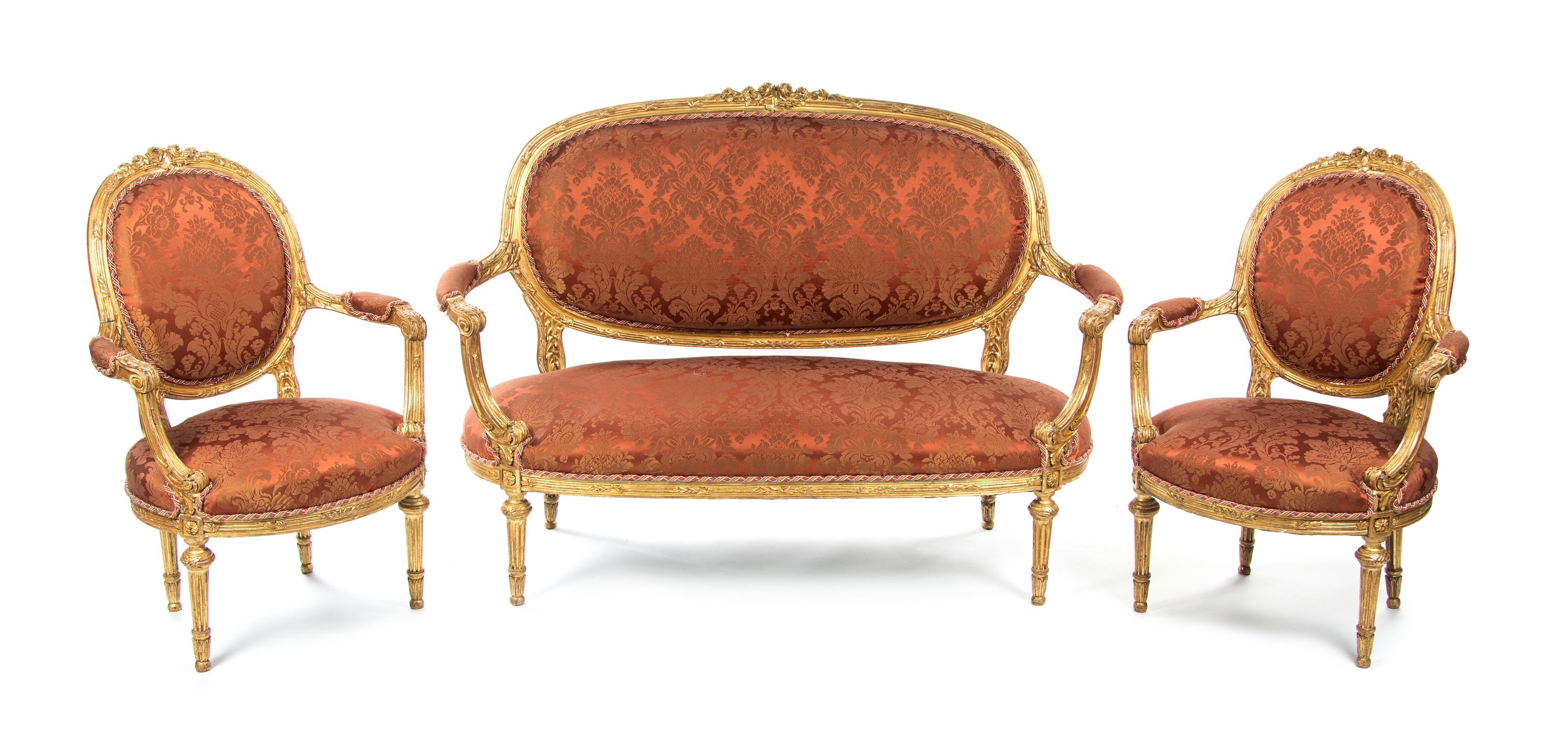 A Louis XVI Style Giltwood Parlor Suite, LATE 19TH CENTURY, Width of settee 58 inches. — LATE 19TH CENTURY,