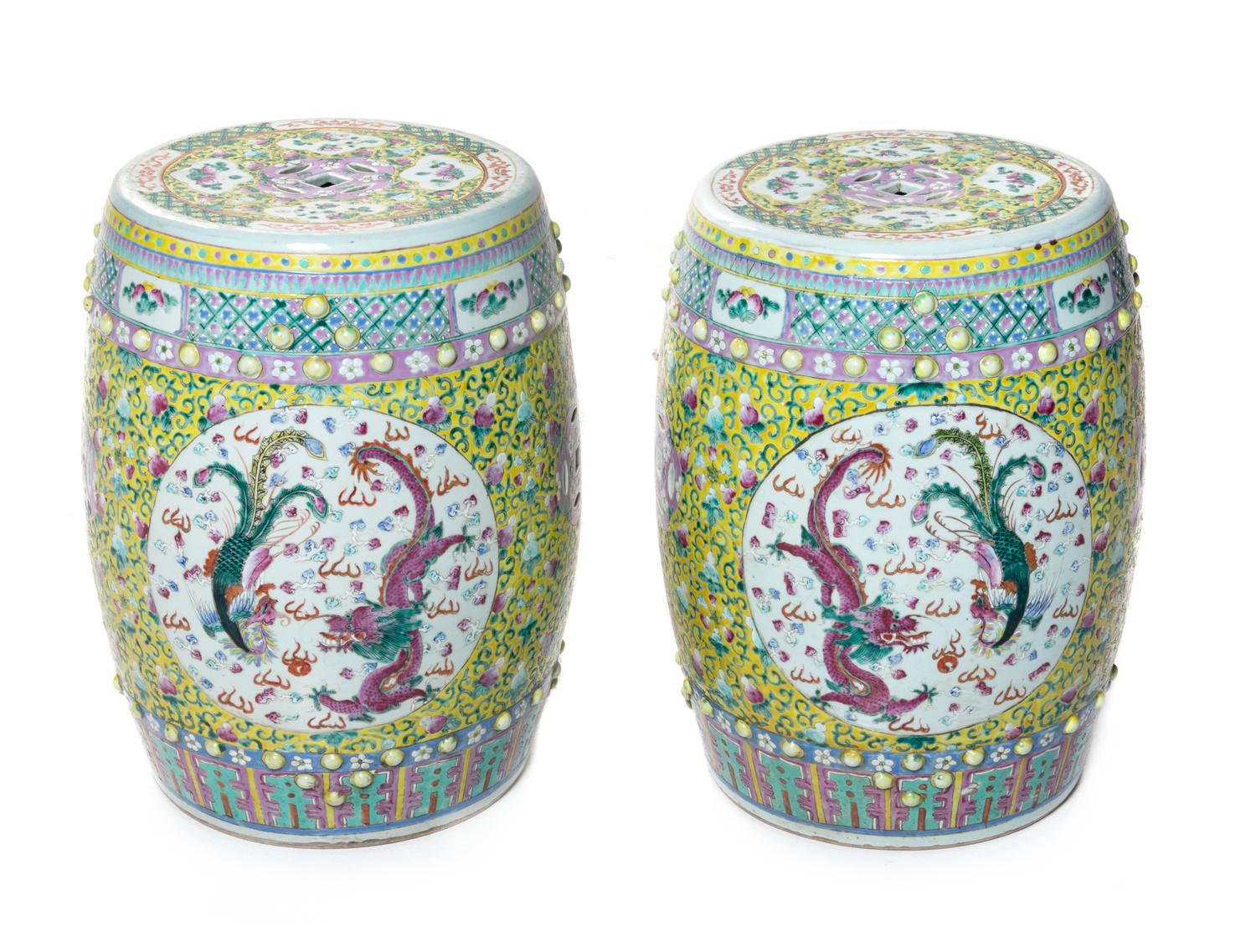 A Pair of Chinese Famille Rose Porcelain Garden Stools Height 19 1/4 inches. — 20TH CENTURY