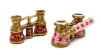Two Pairs of French Enameled Opera Glasses, Width of first 3 7/8 inches.