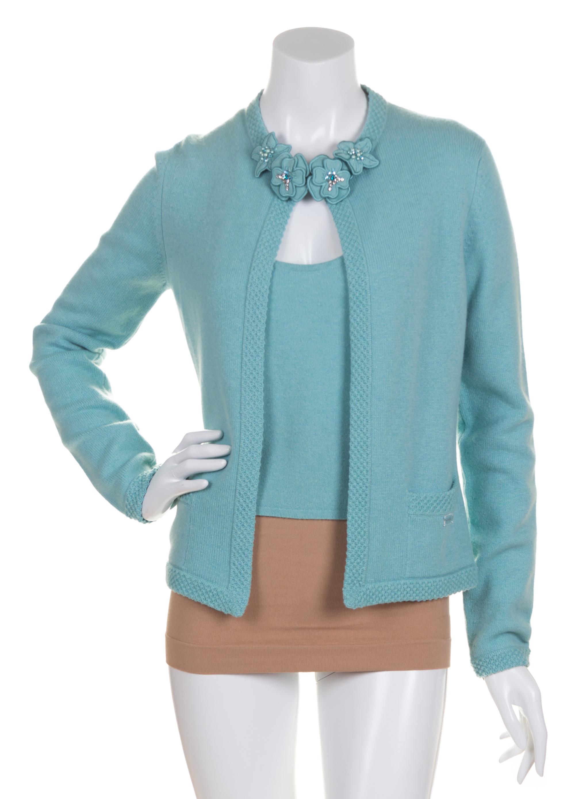 A Chanel Green Cashmere Twin Set, Size 38.