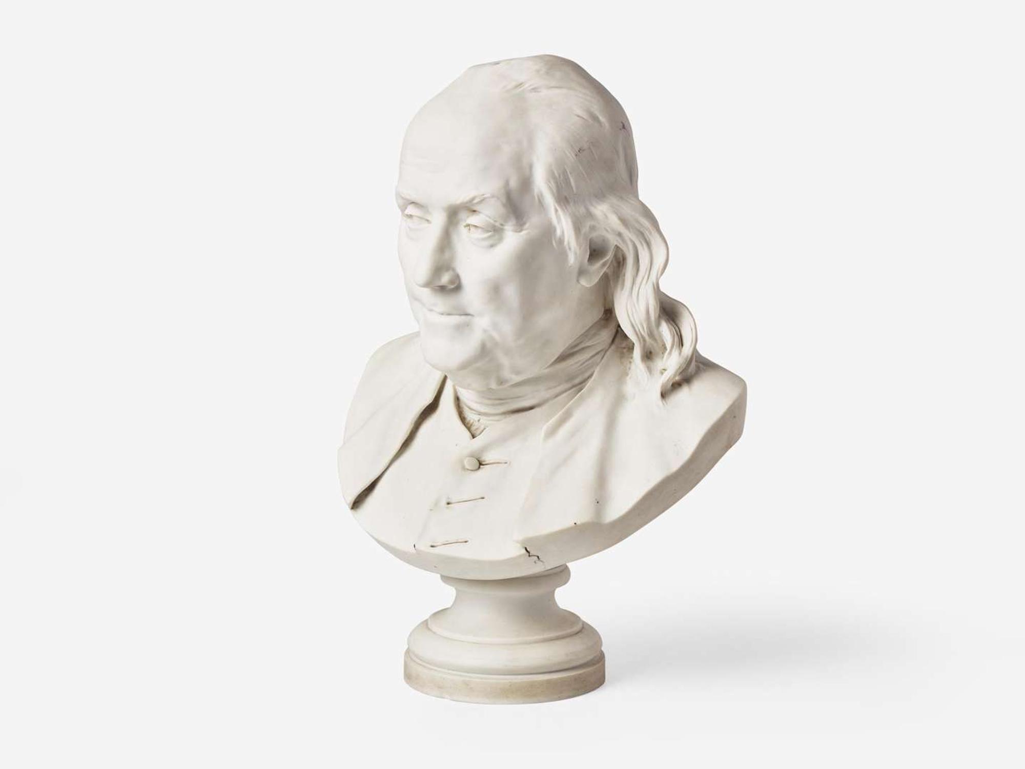 After Jean-Antoine Houdon (French, 1741-1828), Parian bust of Benjamin Franklin (1706-1790), marked Sevres, early 20th century