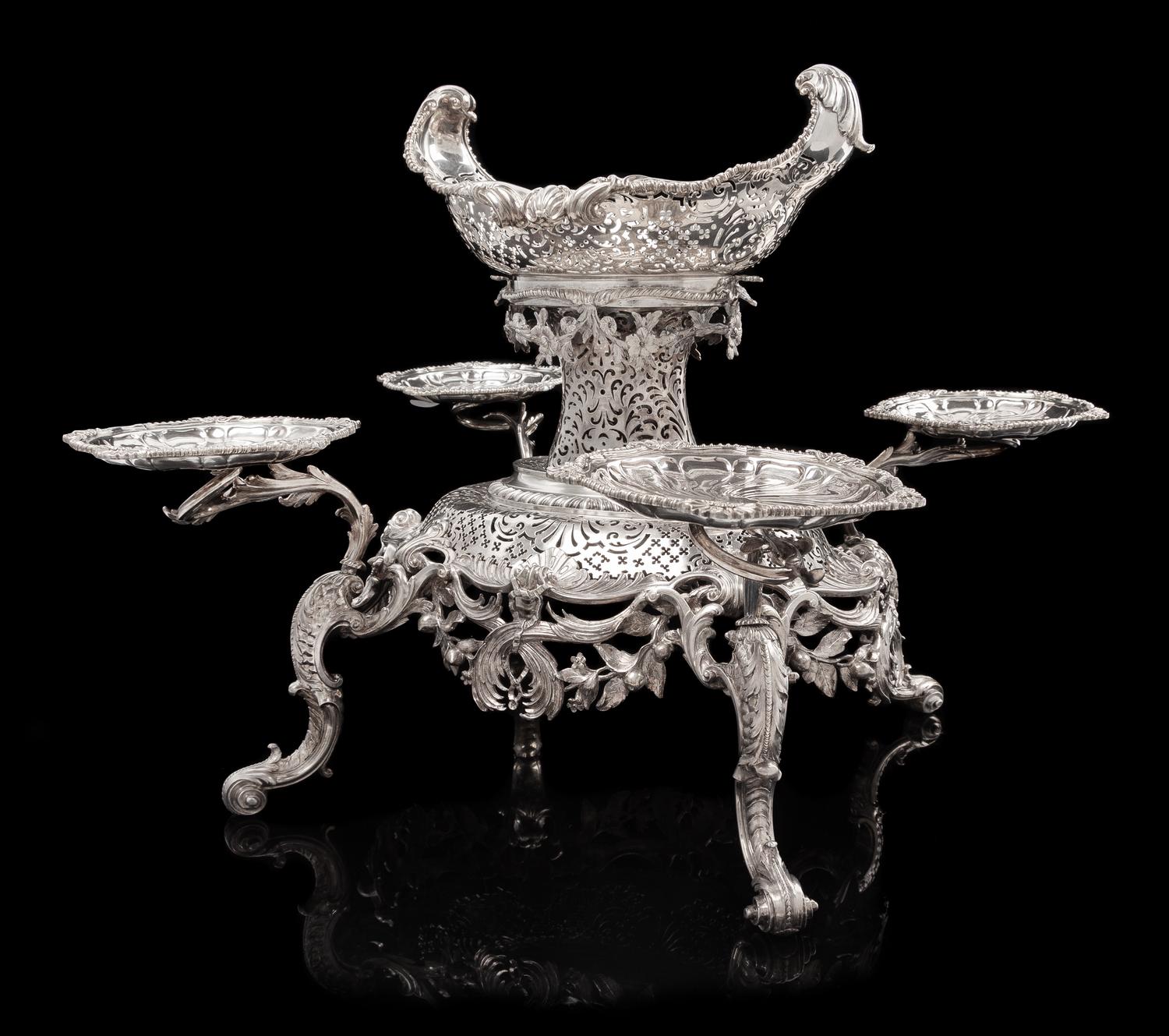 A George II Silver Epergne, Peter Archambo II & Peter Meure, London, 1753, the central basket of oval form with twin-foliate handles an