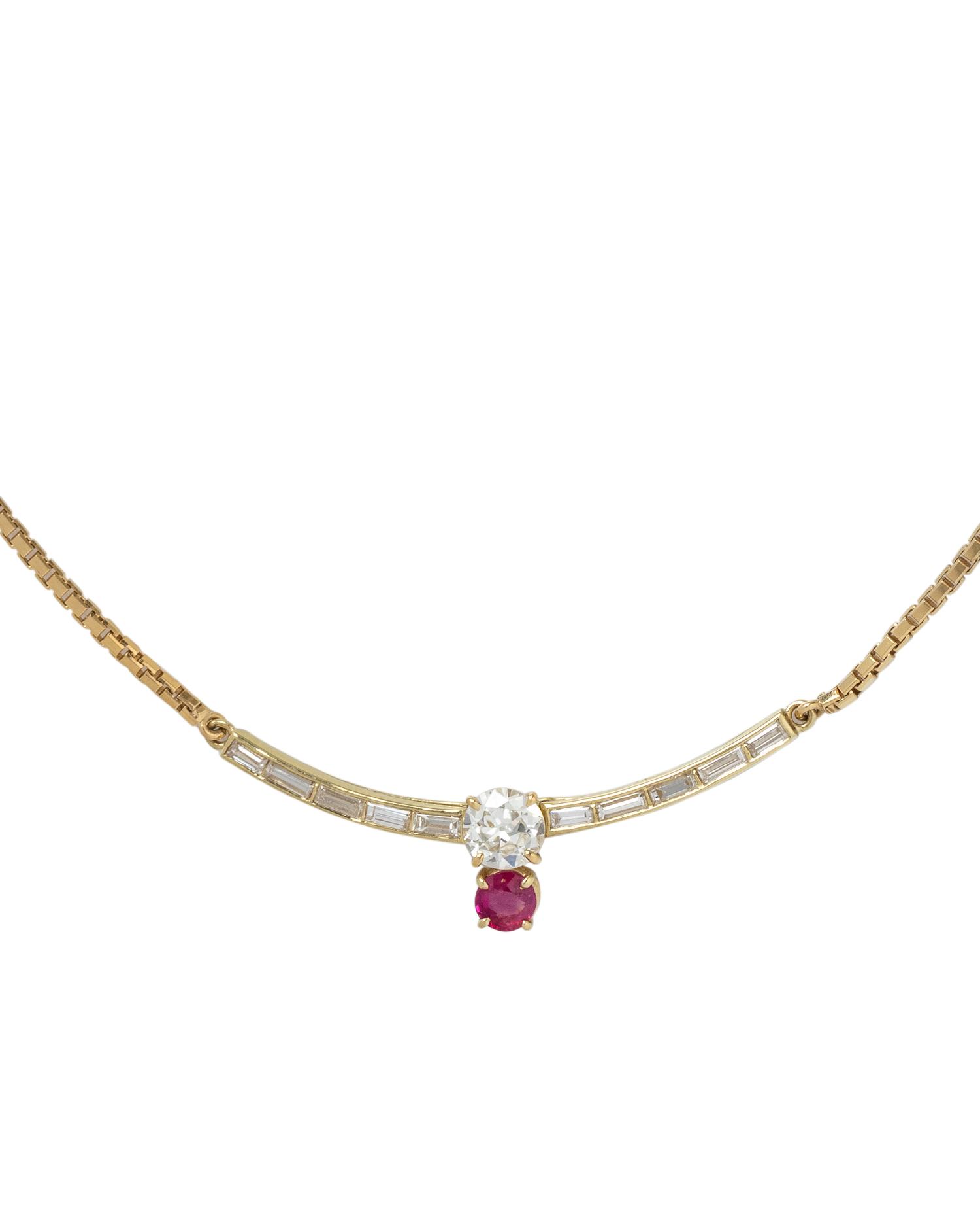 YELLOW GOLD, DIAMOND AND SYNTHETIC RUBY NECKLACE