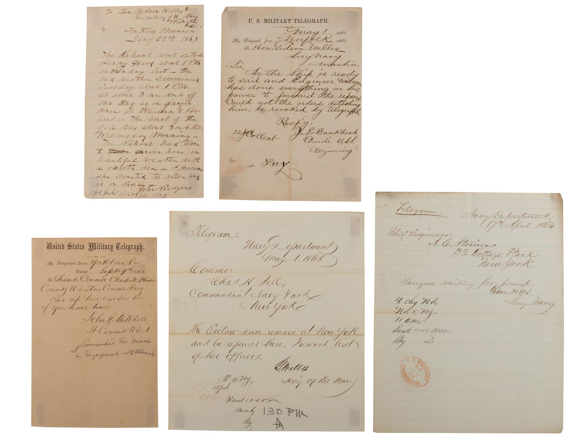 [CIVIL WAR - NAVY]. A group of 8 documents related to ships of the Atlantic Blockading Squadron, including letters from Secretary of Navy Gideon Welles and Captain John Rodgers.