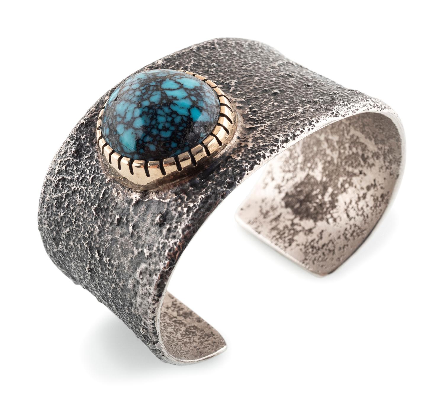 14k Gold and Silver Tufa Cast Cuff Bracelet, with Lander Turquoise