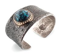 14k Gold and Silver Tufa Cast Cuff Bracelet, with Lander Turquoise