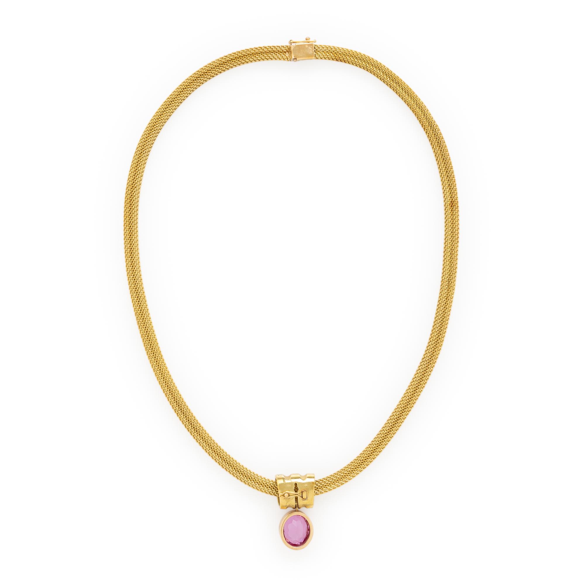 Synthetic Pink Sapphire, Diamond, and Yellow Gold Slide Pendant Necklace