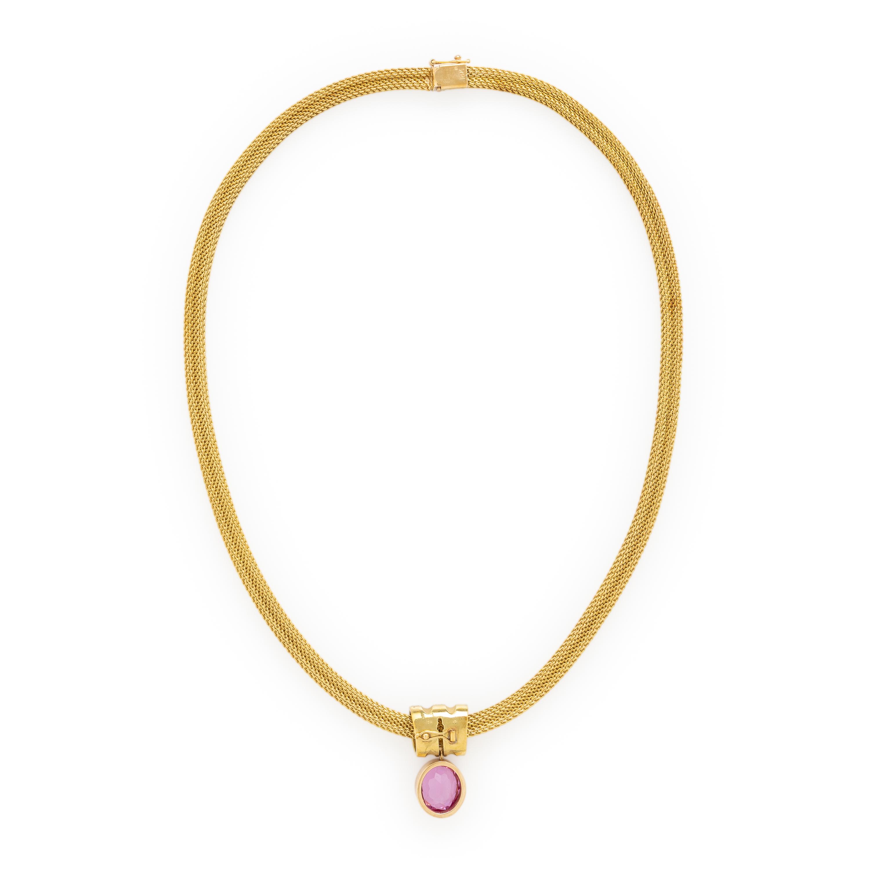 Synthetic Pink Sapphire, Diamond, and Yellow Gold Slide Pendant Necklace