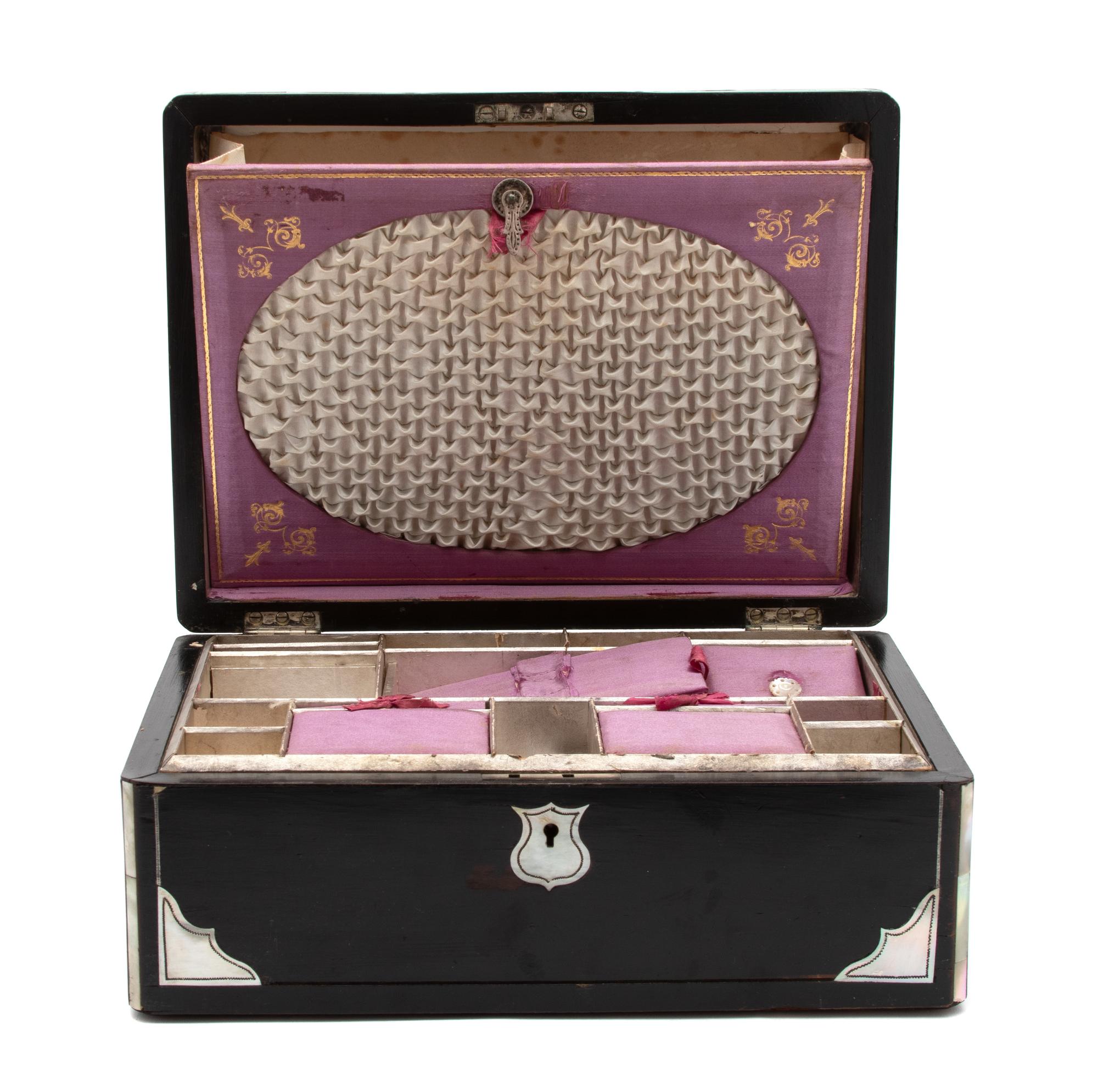 An English Black Lacquer and Mother-of-Pearl Inset Sewing Box Height 5 x width 11 3/4 x depth 9 inches. — EARLY 20TH CENTURY