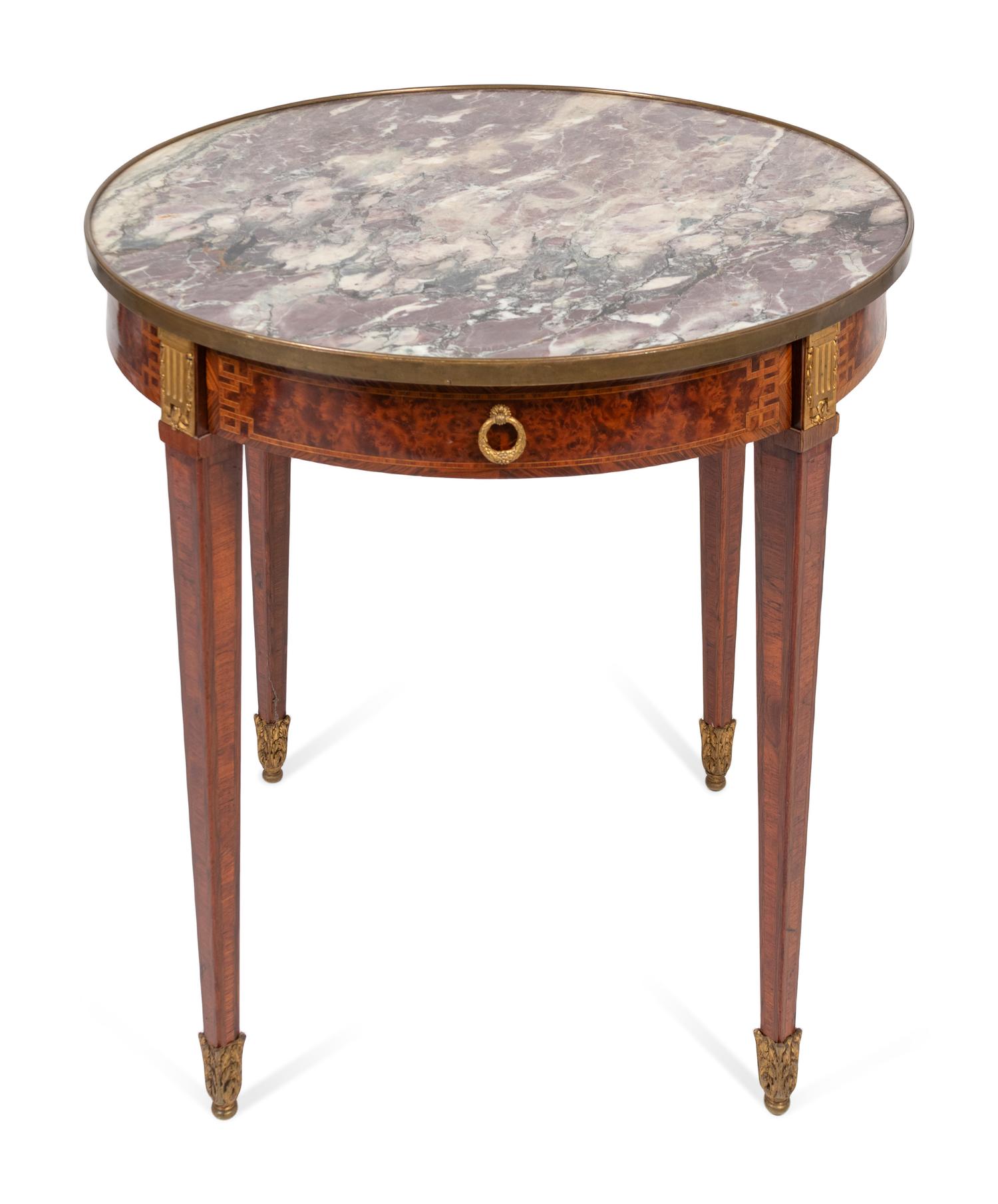 A Louis XVI Style Inlaid Marble Top Bouillotte Table