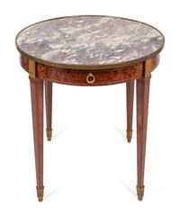 A Louis XVI Style Inlaid Marble Top Bouillotte Table
