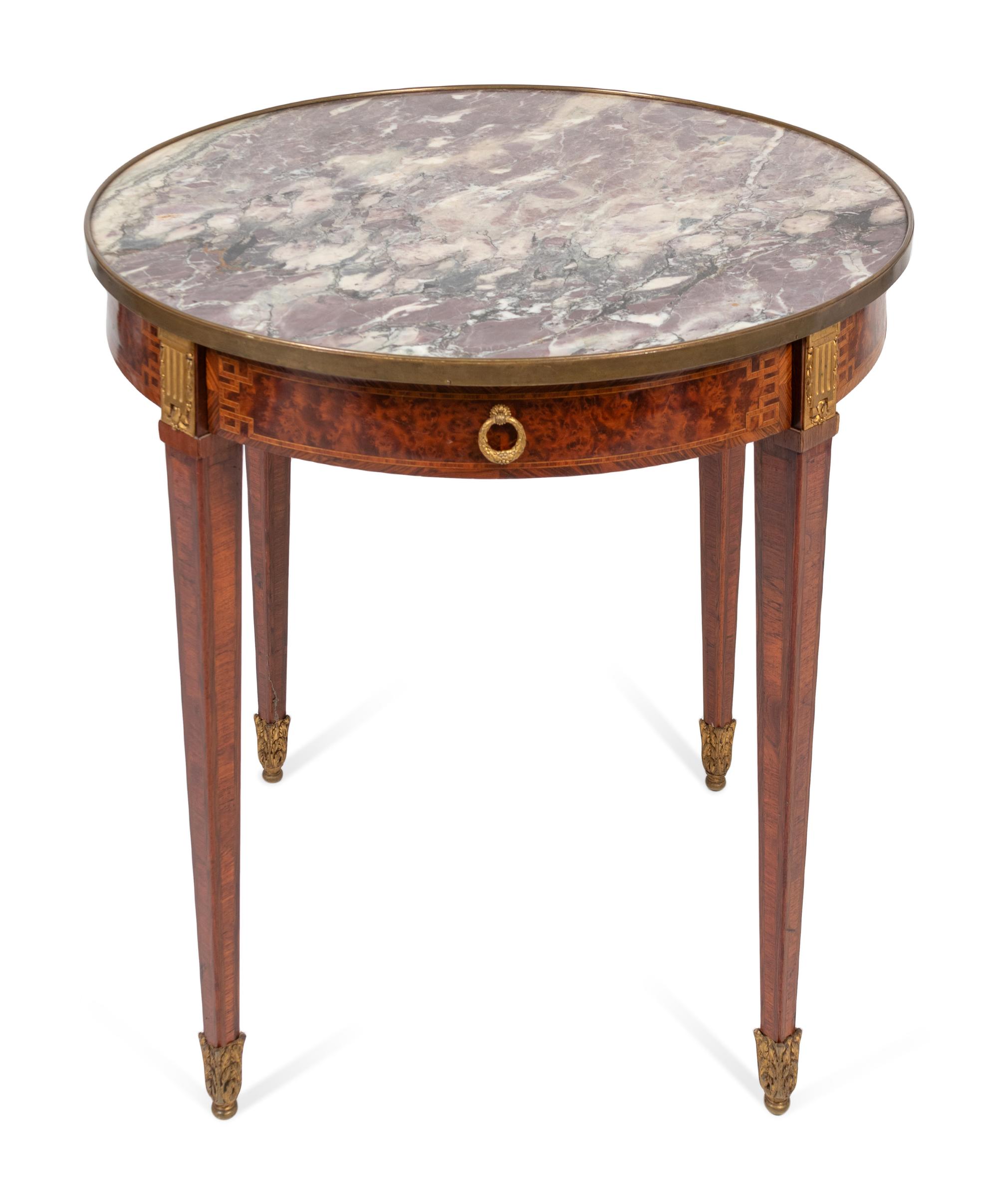 A Louis XVI Style Inlaid Marble Top Bouillotte Table