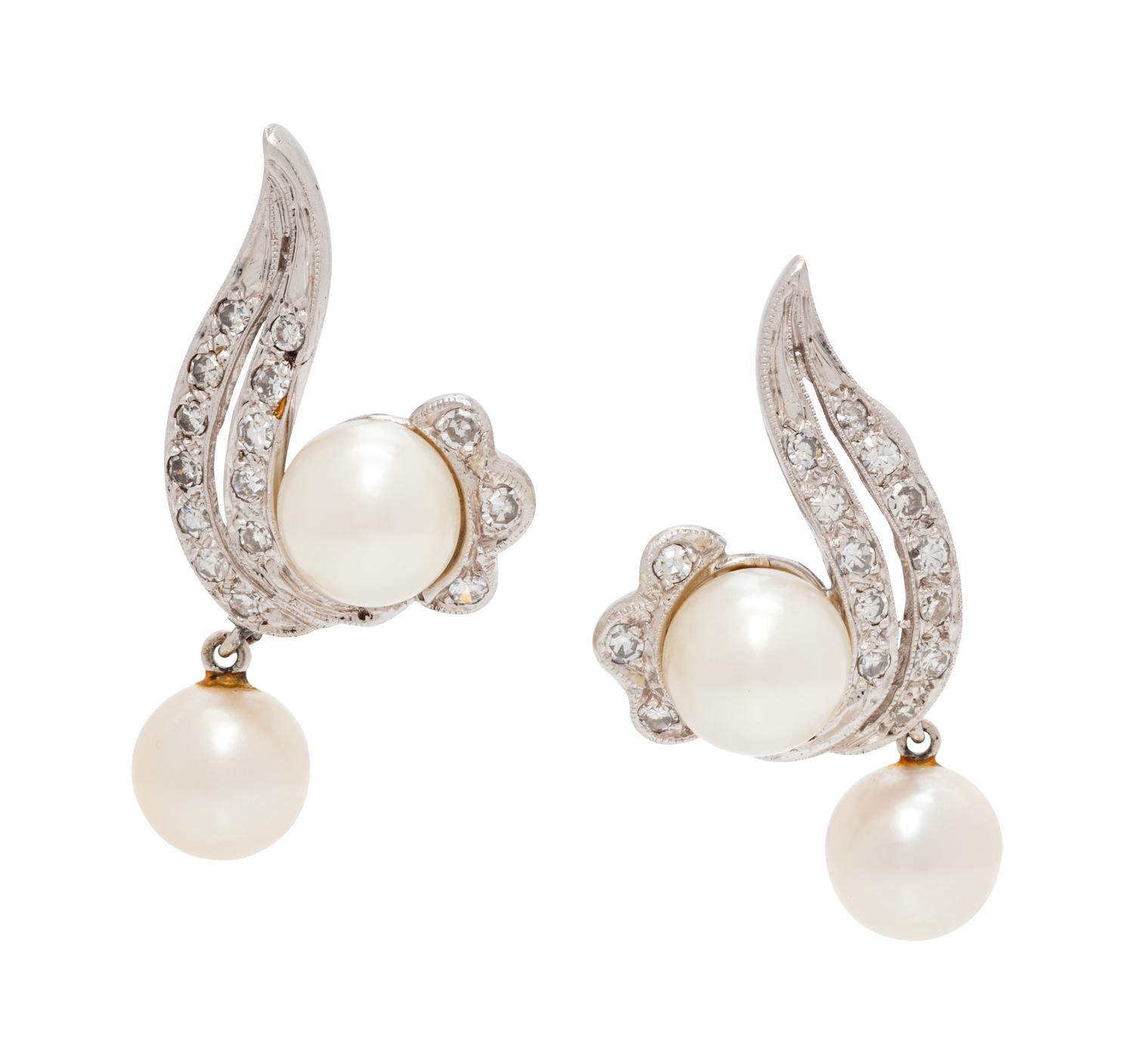 A Pair of White Gold, Cultured Pearl, and Diamond Earclips,