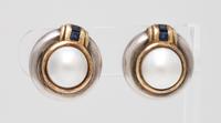 A Pair of Sterling Silver, 18 Karat Yellow Gold, Mabe Pearl and Sapphire Earclips, Tiffany & Co., Circa 1984, 16.10 dwts.