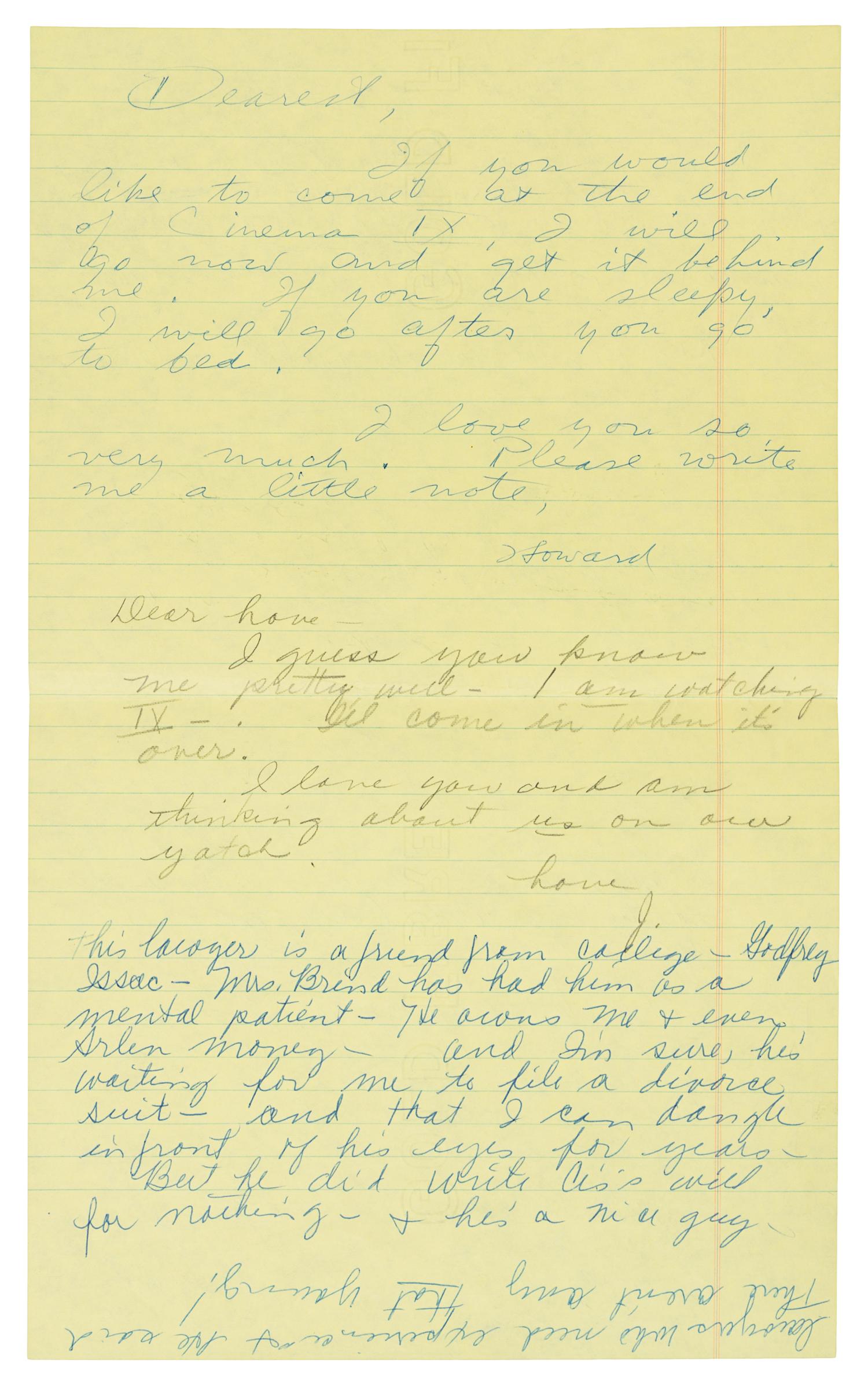 HUGHES, Howard R. (1905-1976). Autograph letter signed ("Howard"), to his second wife Jean Peters. N.p., n.d. [c.1965].