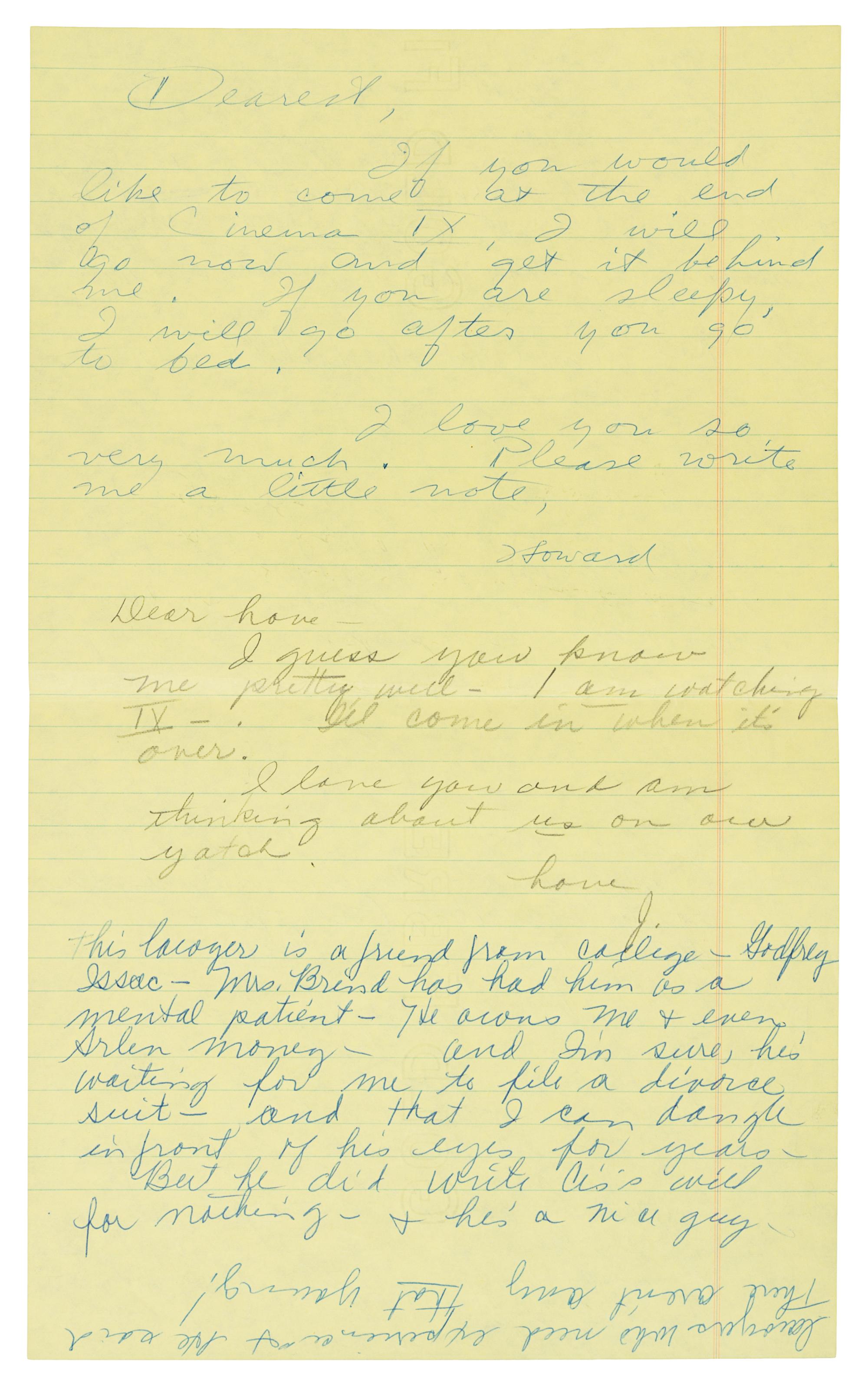 HUGHES, Howard R. (1905-1976). Autograph letter signed ("Howard"), to his second wife Jean Peters. N.p., n.d. [c.1965].