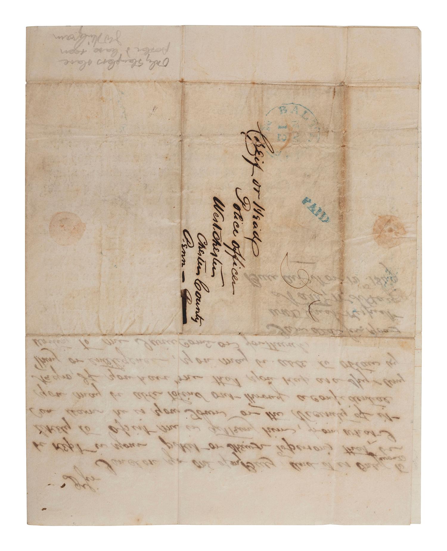 [SLAVERY & ABOLITION]. $300 Reward. Ranaway...my Negro Boy George Johnson . Broadside with autograph letter signed ("Nath'l W. Hays") on bifolium integral leaf to Chief of Police of West Chester, Pennsylvania. Bel-Air, MD, 12 November 1849.