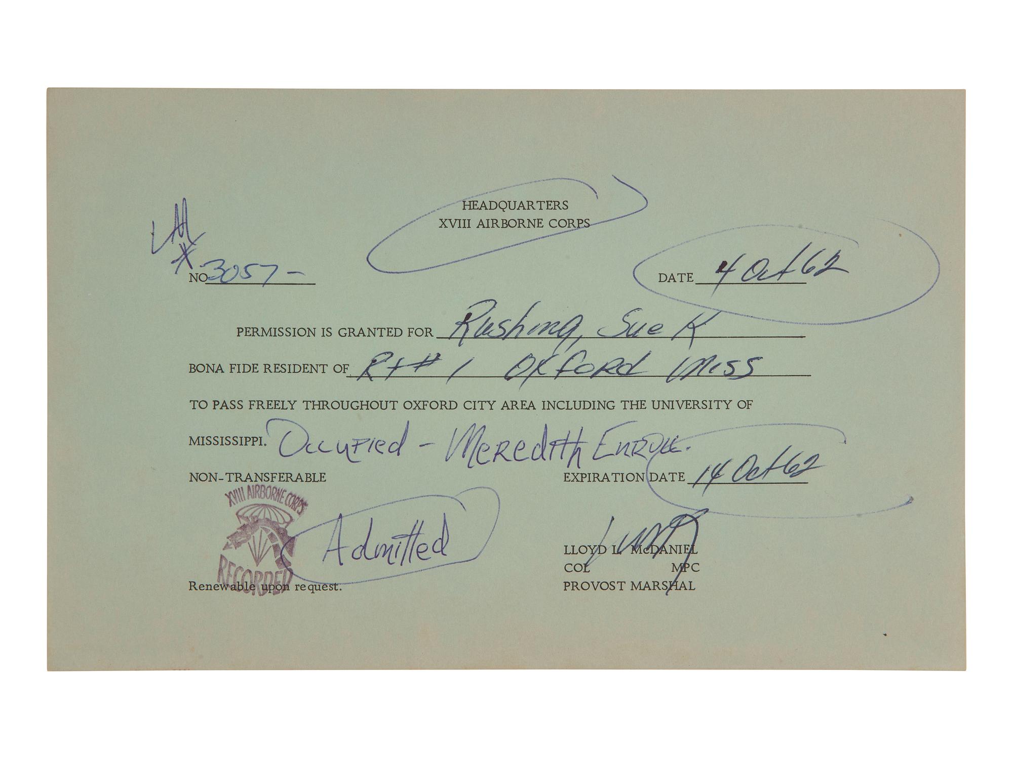 [MEREDITH, James]. 1962 access pass for University of Mississippi campus during the Ole Miss Riot.
