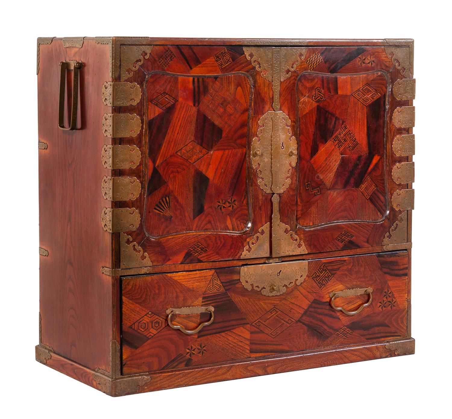 A Brass Mounted Marquetry Tansu Chest Height 33 x width 35 x depth 16 1/4 inches. — LATE 19TH CENTURY