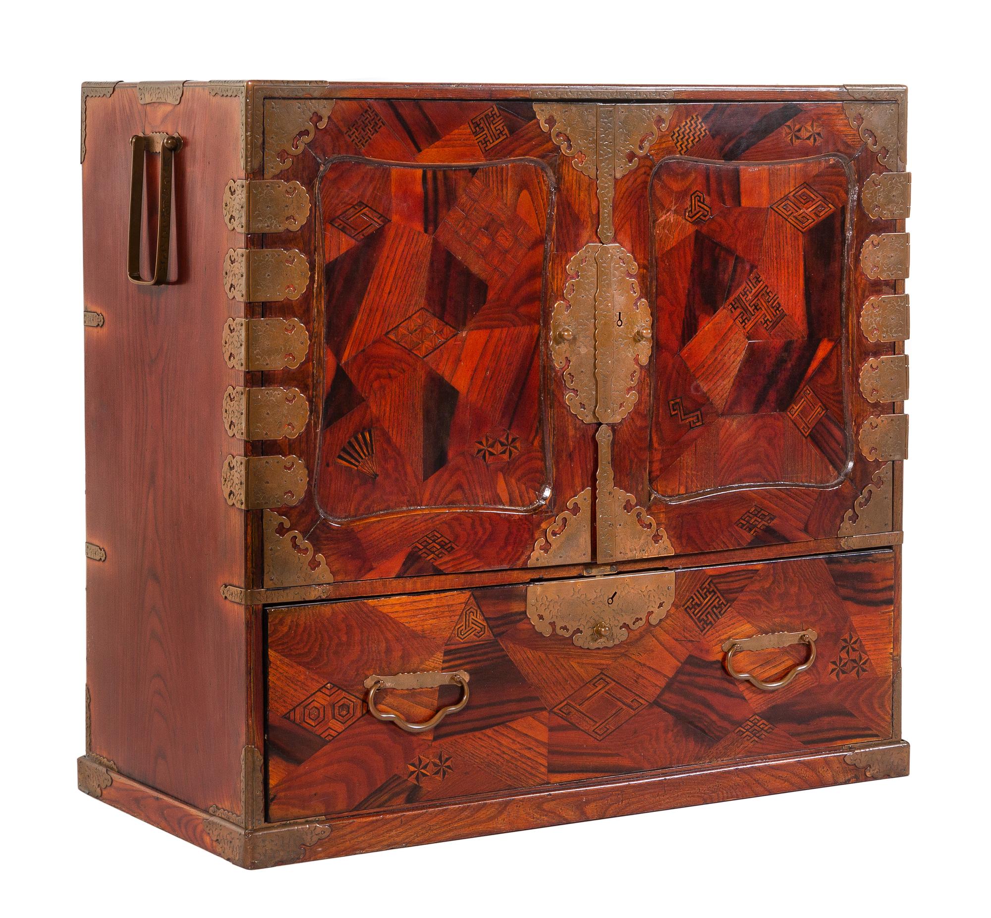A Brass Mounted Marquetry Tansu Chest Height 33 x width 35 x depth 16 1/4 inches. — LATE 19TH CENTURY