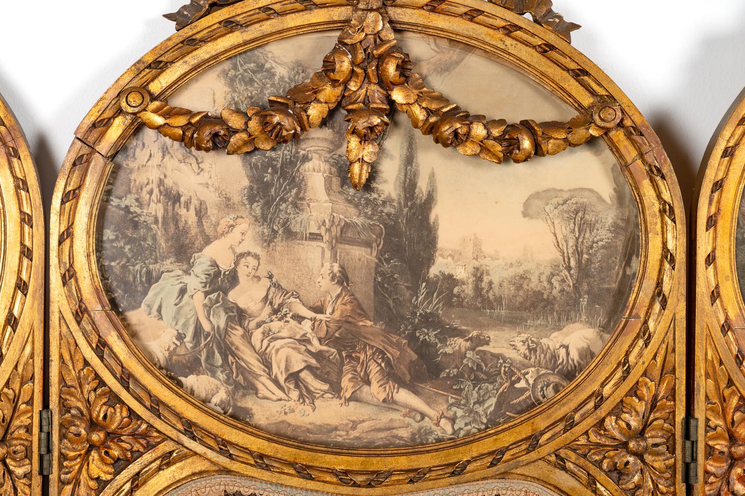 A Louis XVI Style Giltwood Three-Panel Floor Screen