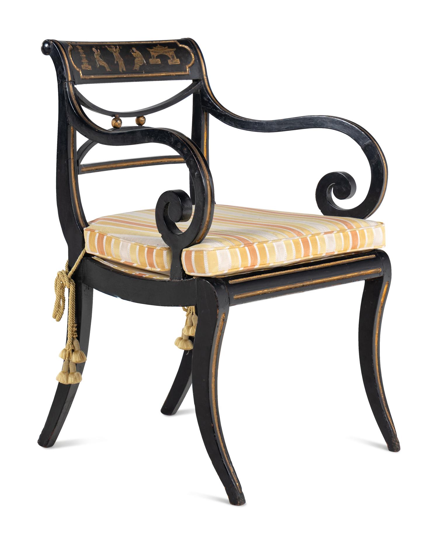 A Pair of Regency Black and Gold-Painted Armchairs