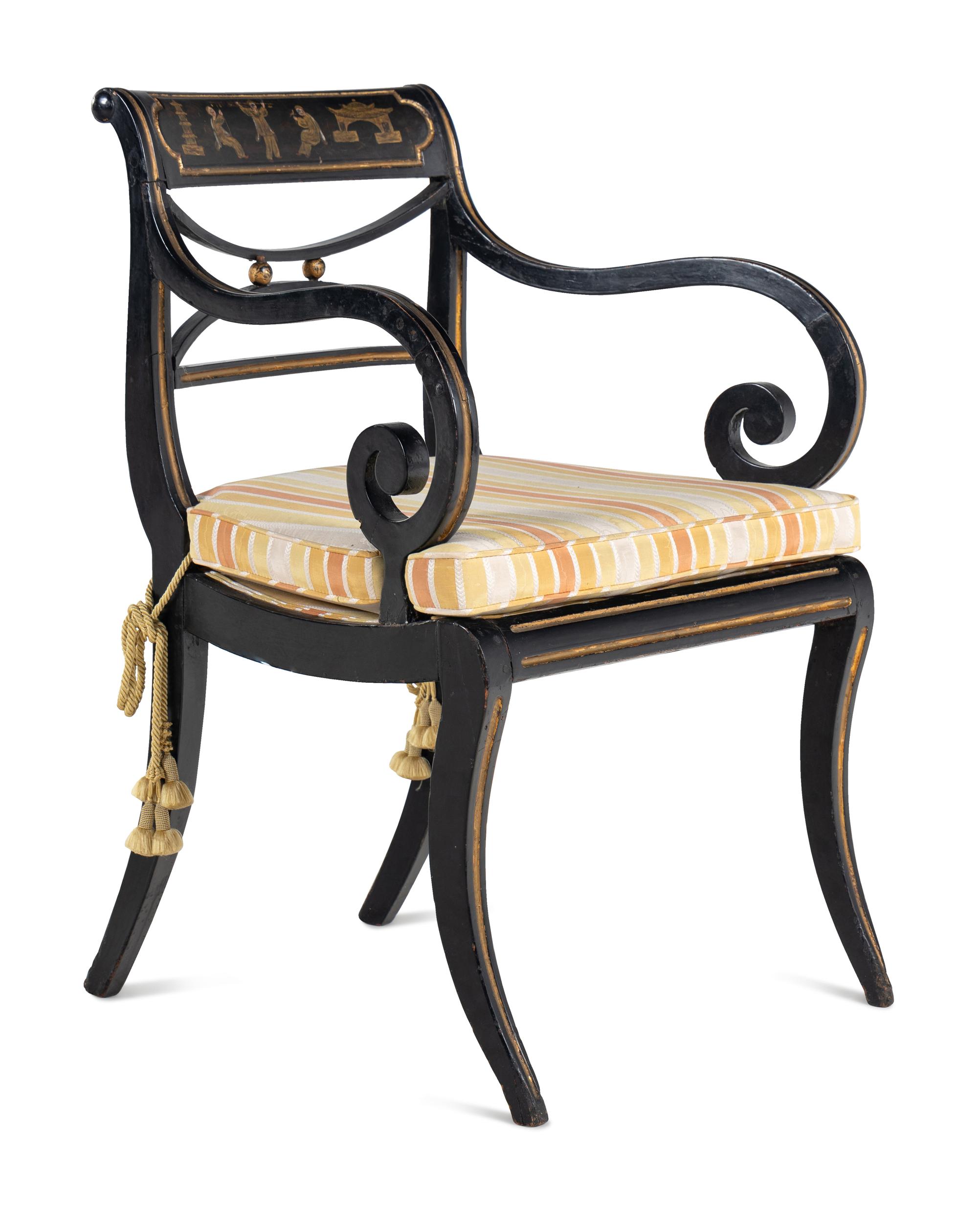 A Pair of Regency Black and Gold-Painted Armchairs