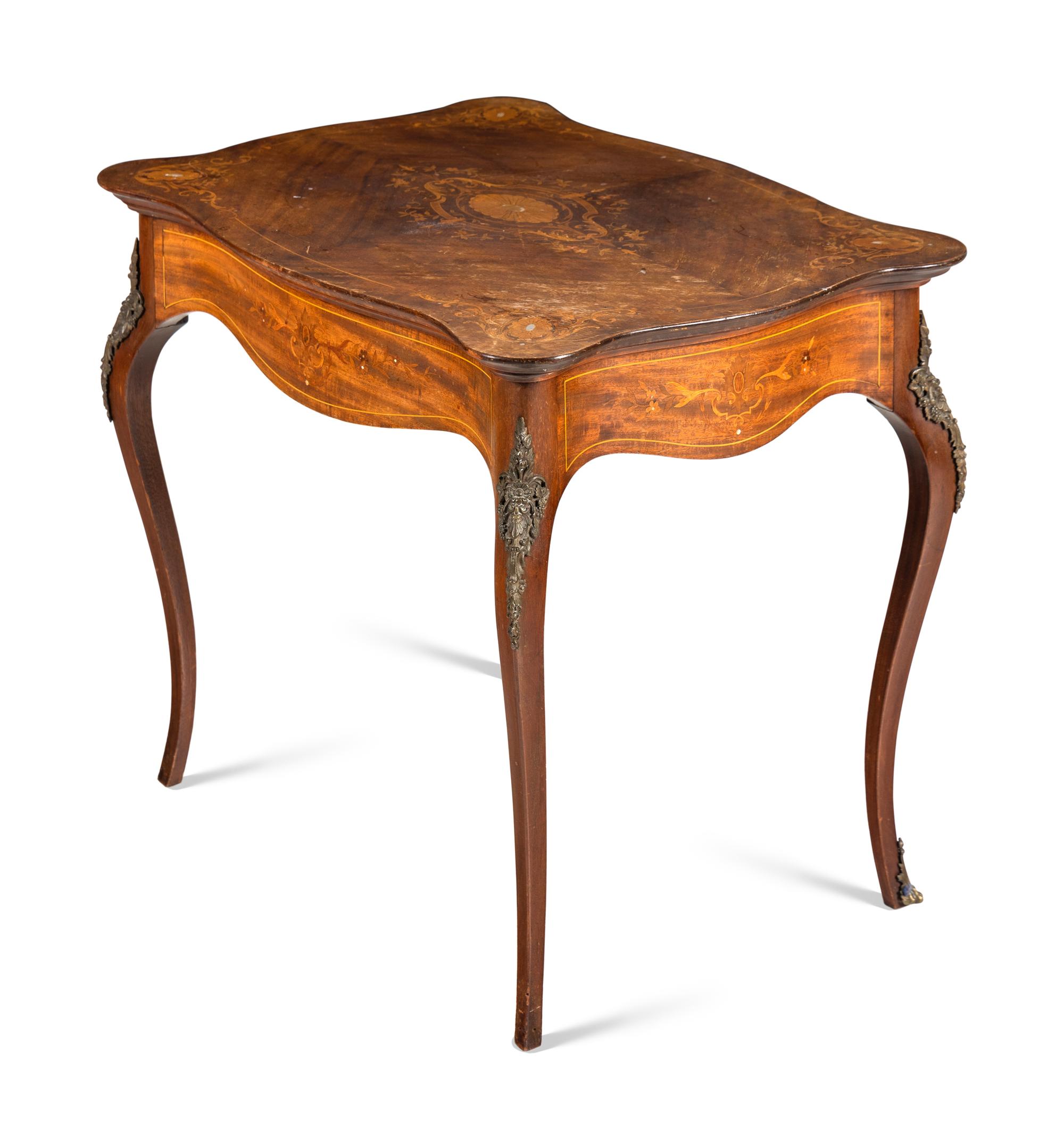 A Louis XV Style Marquetry and Mother-of-Pearl Inlaid Side Table