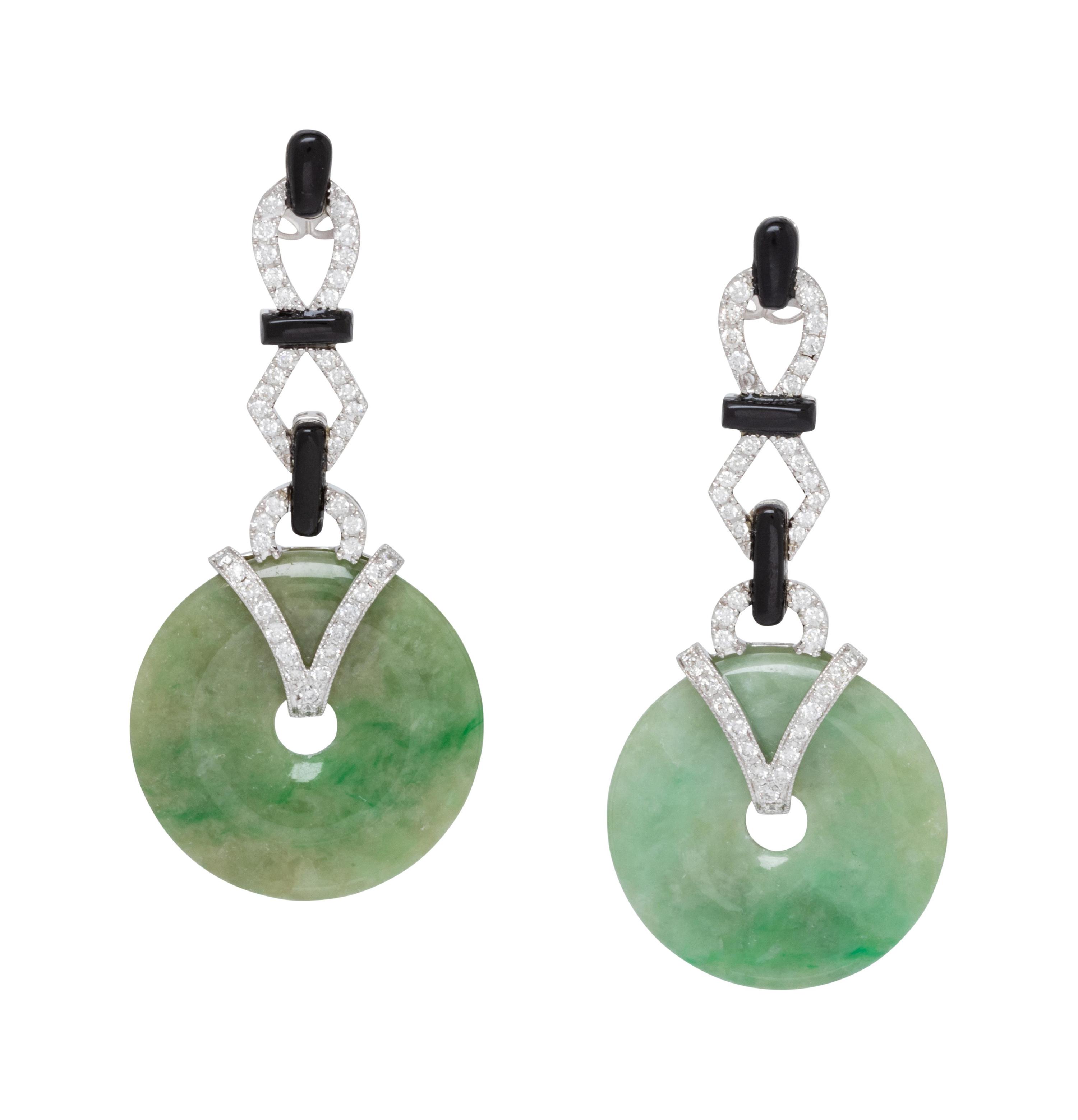 Jade, Diamond, and Onyx Earrings