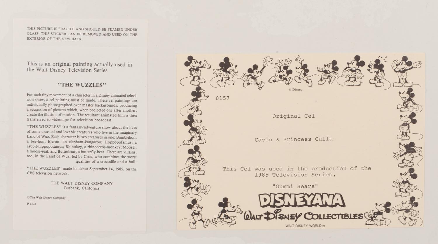 Two production cels from the 1985 Walt Disney television series, "Adventures of the Gummi Bears," depicting Sunni and Cavin and Princess Calla.