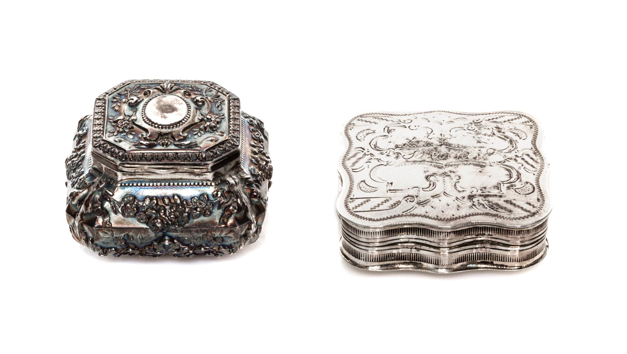 Two Continental Silver Boxes, French and Dutch, 19th Century, each of square form with gilt interior.