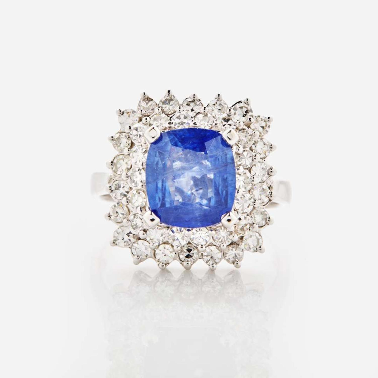 A Sri Lankan Sapphire, Diamond, and 18K White Gold Ring 3.09 Carat Cushion-Cut Sapphire, GIA Certified