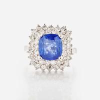 A Sri Lankan Sapphire, Diamond, and 18K White Gold Ring 3.09 Carat Cushion-Cut Sapphire, GIA Certified