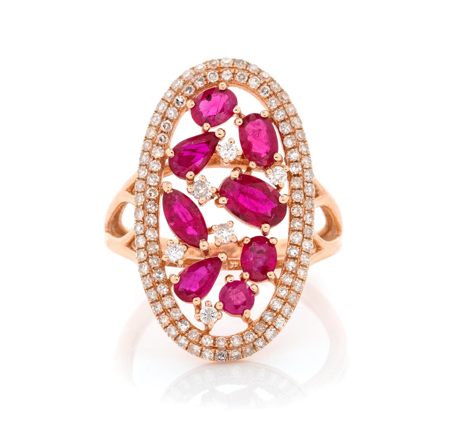 A 14 Karat Rose Gold, Ruby and Diamond Ring,