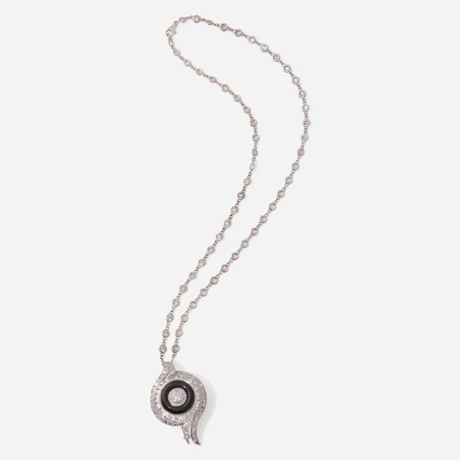 A 14K White Gold, Platinum, Diamond, and Onyx Necklace
