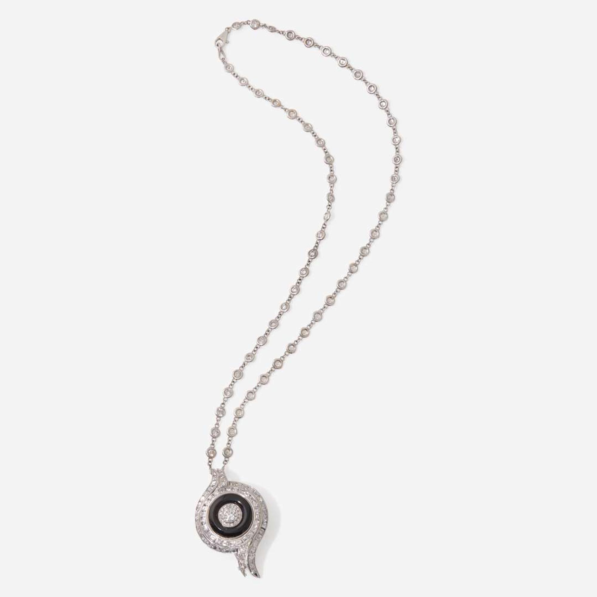 A 14K White Gold, Platinum, Diamond, and Onyx Necklace